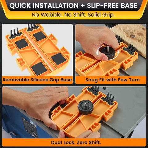 Pro Grade Featherboard For Table Saws, Router Tables And Band Saws showing installation with dual leg base and silicone grip, yellow