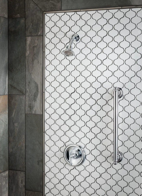 Brantford Chrome Posi-Temp Tub And Shower Trim Kit With Lever Handle, Old School Vibe, M-PACT Valve Compatible, mounted on tile
