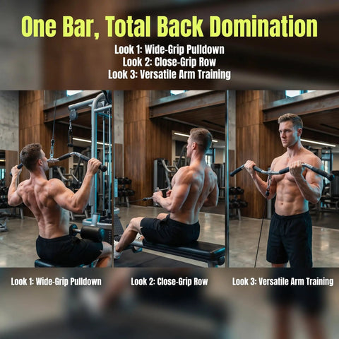 Man using Lat Bar Cable Machine Attachment With Full Rotation Rubber Grip 30 Inch Pulldown Bar in gym for back exercises.