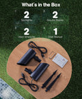 Two Pack Ultra Bright 30W Outdoor LED Spotlight Set, 120V, 3000 Lumens Each, 5000K Daylight, with accessories on a table