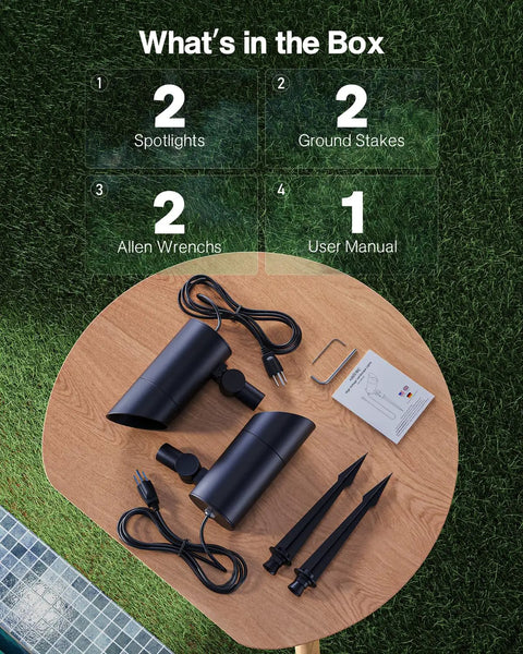 Two Pack Ultra Bright 30W Outdoor LED Spotlight Set, 120V, 3000 Lumens Each, 5000K Daylight, with accessories on a table