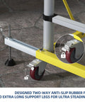 Heavy Duty Aluminum Scaffold Tower Ready To Roll Work Platform Adjustable Utility Scaffolding With Hatch Deck and Guard Rail 500 Pounds Capacity close-up view of anti-slip rubber feet and locking wheels for stability.