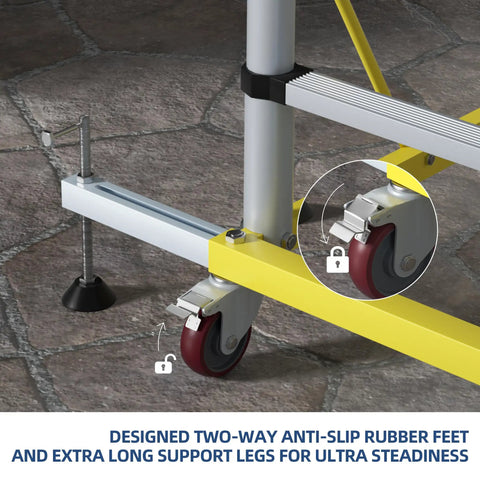 Heavy Duty Aluminum Scaffold Tower Ready To Roll Work Platform Adjustable Utility Scaffolding With Hatch Deck and Guard Rail 500 Pounds Capacity close-up view of anti-slip rubber feet and locking wheels for stability.