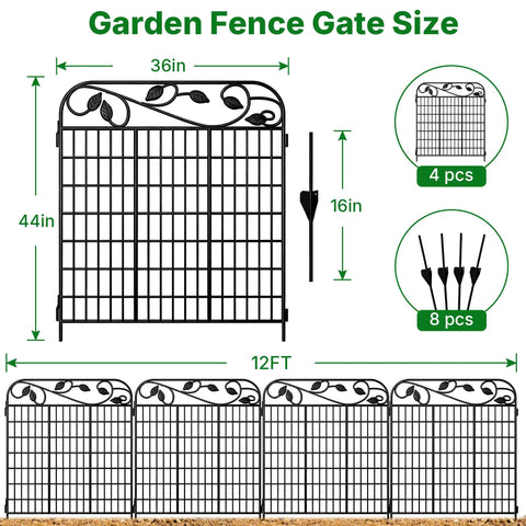 Diagram showing 4 Panels 44In High By 12 Ft Long Heavy Duty Decorative Garden Fence Gate With Leaves Metal Wire Panels Rustproof