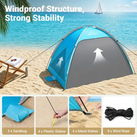 Large Beach Tent Sun Shelter For Three To Four People With UPF 50 Plus UV Protection Privacy Door 360 Degree Ventilation Windows