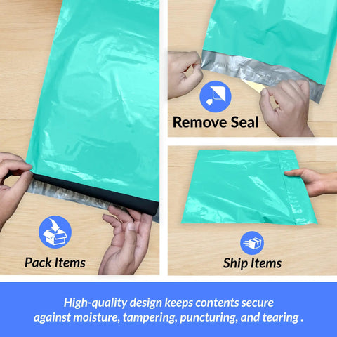Teal 10x13 Inch Poly Mailers 220 Pcs Self Sealing Non Padded Shipping Bags demonstration of packing and sealing process.