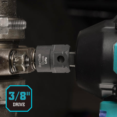 Close-up of 19-Piece Stubby Impact Socket Set, 3/8-Inch Drive For Narrow Spaces on impact wrench, heavy-duty chrome moly steel.