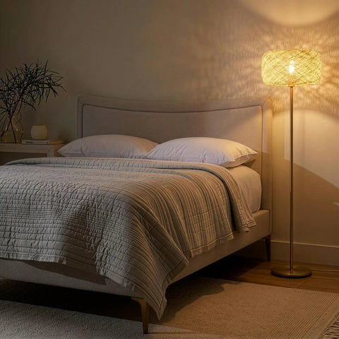 Rowan Brass Floor Lamp With Unique Thread Shade beside bed, glowing in a modern bedroom, Boho to Mid Century Decor, Tall Indoor