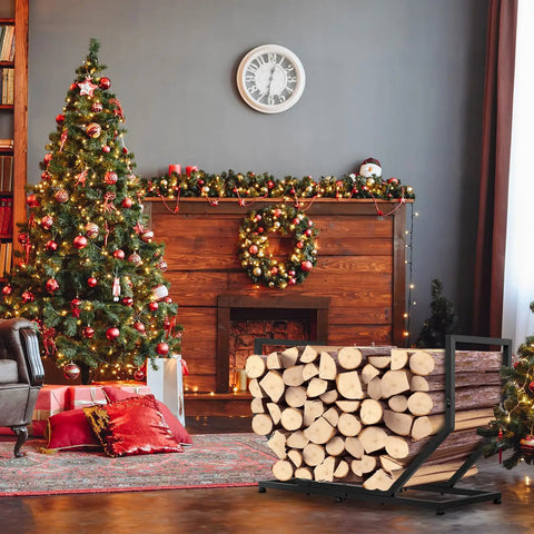 Built Tough Dope Firewood Rack For Indoor And Outdoor Use 31 Inch Log Holder With Adjustable Feet in living room by Christmas tree.