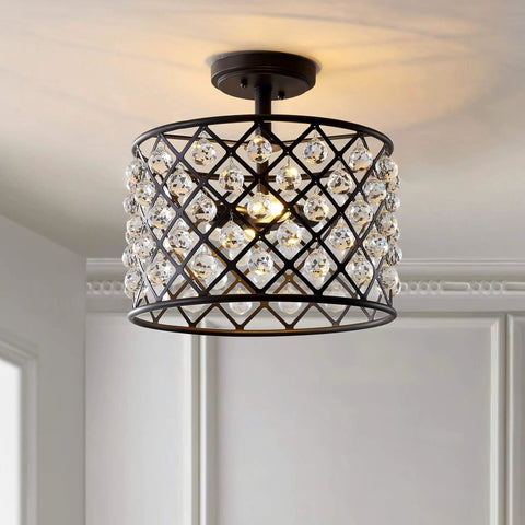 Oil Rubbed Bronze 2 Light Iron And Crystal Semi Flush Mount Ceiling Fixture For Bedroom Modern Glam With Clear Crystals UL Listed LED Bulbs Included Elevates Any Modern Bedroom Decor