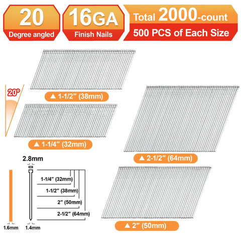 Heavy Hitter Galvanized Finish Nails 16 Gauge 20 Degree Angled 2000 Piece Set showing four sizes: 1-1/4", 1-1/2", 2", and 2-1/2".