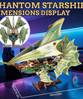 Transparent Wing Phantom Starship Build Kit with durable internal skeleton, side and back view dimensions displayed in sci-fi setting.
