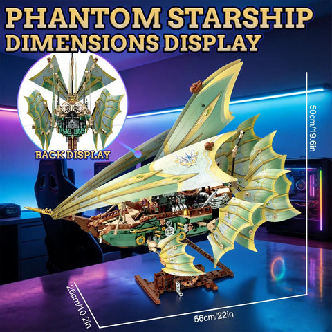 Transparent Wing Phantom Starship Build Kit with durable internal skeleton, side and back view dimensions displayed in sci-fi setting.