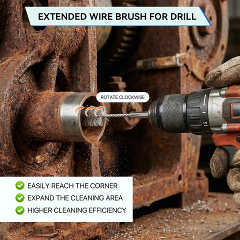 16 Piece Drill Bore Brush Set With Long One Quarter Inch Hex Shank Handles cleaning a metal gear with rust.