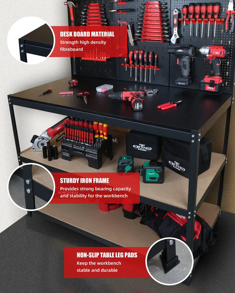 Image of 47 Inch Workbench With Pegboard And Double Storage Platform, showcasing tools organized on pegboard with iron frame and storage.