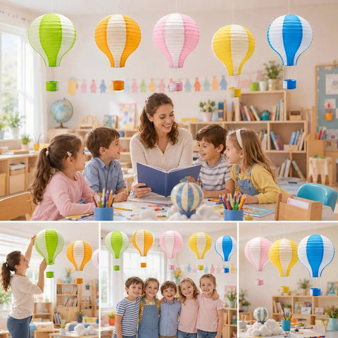 Hanging Hot Air Balloon Paper Lanterns Party Decor Set 12 Inch Colorful Lanterns for classroom ceilings in a fun learning environment.
