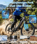 Awesome 1500W Peak Ebike with 26-inch wheels and step-thru frame being ridden on rocky terrain with front suspension fork.