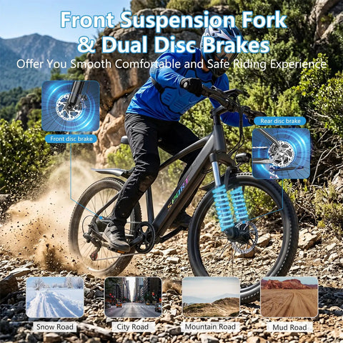 Awesome 1500W Peak Ebike with 26-inch wheels and step-thru frame being ridden on rocky terrain with front suspension fork.