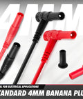 All In One 29 Piece Multimeter Test Leads Kit With Replaceable Wire Piercing Probes Alligator Clips Hook Clips And Tweezers For Digital Clamp Meter And General Multimeter Use Pro Grade DIY Friendly, featuring red and black banana plugs with 4mm connectors, ideal for electrical applications.