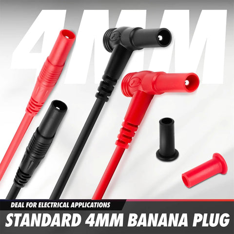 All In One 29 Piece Multimeter Test Leads Kit With Replaceable Wire Piercing Probes Alligator Clips Hook Clips And Tweezers For Digital Clamp Meter And General Multimeter Use Pro Grade DIY Friendly, featuring red and black banana plugs with 4mm connectors, ideal for electrical applications.