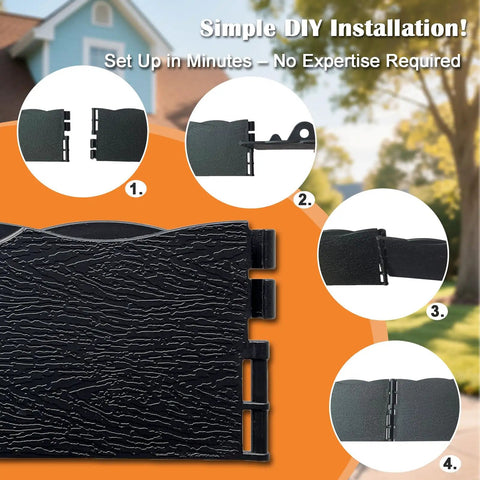 Wood Look Garden Edging Border 2.4 Inch Tall Lawn And Landscape Border For Flower Beds Tree Rings And Pathways Durable All Weather PE Material Easy To Install Low Maintenance Black with installation steps and connectors.