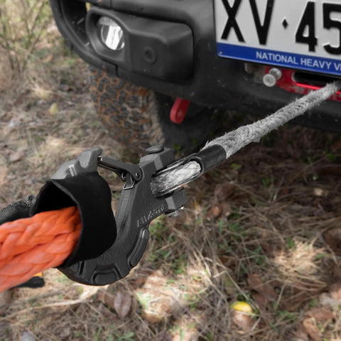 Beefy Forged Steel Winch Hook For Five Sixteenth Inch Cable, Six Ton Capacity, attached to off-road vehicle bumper