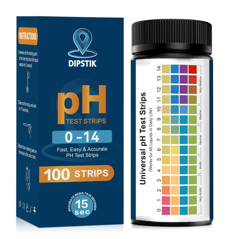 100 Count pH Test Strips 0 to 14 for Drinking Water, Aquarium, Pool, Hot Tub and Spa packaging and color guide chart