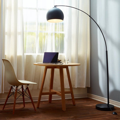 Arc Floor Lamp With Faux Black Marble Base And Black Bell Shade For Living Room Office Dining Room And Bedroom Mid Century Modern Vibe