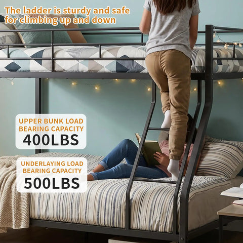 Sturdy Twin Over Full Metal Bunk Bed with Ladder and guardrails for shared rooms, showing load capacity labels, ladder access.