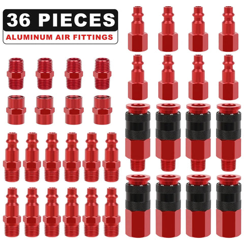 36-piece Universal Air Coupler And Plug Kit With Quarter Inch Threads And 36 Aluminum Fittings For Air Compressors displayed