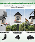 Three installation methods: wall-mounted, pole-mounted, and tree-mounted solar powered bird feeder camera with 2K HD live view.