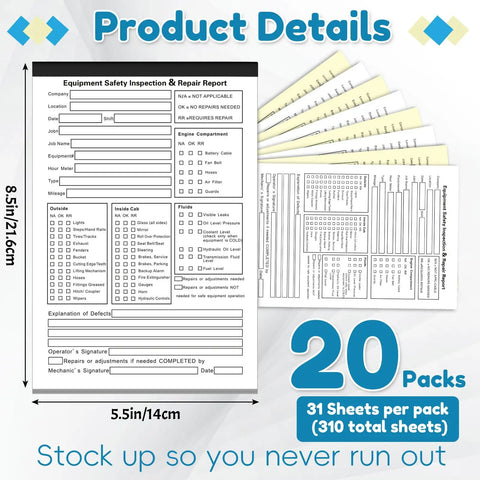 Twenty Pack 5.5 by 8.5 Inch Vehicle Inspection Report Books With 31 Sets Per Book 2 Ply Carbonless Yellow Copy Daily Pre Trip DVIR Forms For Fleet Inspections 310 Total Forms, shown open with form layout and 20 packs