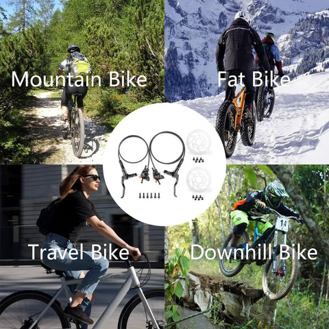 MT200 Hydraulic Disc Brake System Upgrade Kit With SM-RT56 160x180mm Rotors and various bike types, including mountain and fat bikes.
