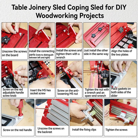 Step-by-step guide for using Adjustable Aluminum Table Saw Router Table Joinery Sled With Quick Clamps For Bevel And Coping Cuts.