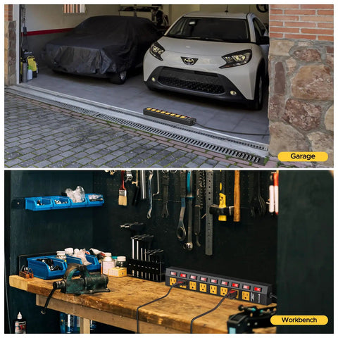 Heavy Duty 8 Outlet Metal Power Strip With Individual Switches 15A 1875W 6ft Cord in garage and workbench use