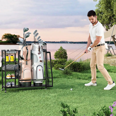Two Bag Golf Storage Organizer With Wheels For Your Garage Or Basement, Golf Bag Stand And Gear Rack in use on grass