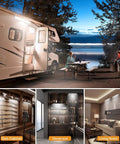 Under Cabinet Light Kit With 80 LED Wireless Puck Lights illuminating RV and various home settings, including showcase and living room.