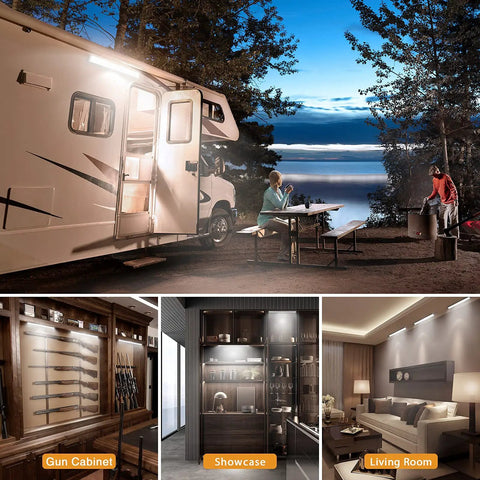Under Cabinet Light Kit With 80 LED Wireless Puck Lights illuminating RV and various home settings, including showcase and living room.