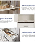 Image of adjustable shelves, magnetic door catch, and smooth-gliding drawer in the Farmhouse Pantry Cabinet 72 Inch Tall Wood Storage.