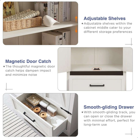 Image of adjustable shelves, magnetic door catch, and smooth-gliding drawer in the Farmhouse Pantry Cabinet 72 Inch Tall Wood Storage.