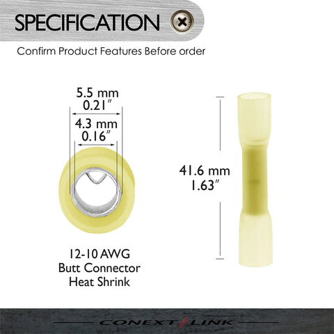 Top Rated Heat Shrink Butt Connectors 25 Pack Yellow 12 To 10 AWG Electrical Wiring Crimp Splices specifications and dimensions.