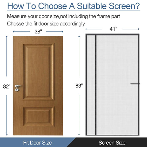 Diagram showing compatible door and screen dimensions for Upgraded Magnetic Screen Door With Thicker 255gsm Reinforced Mesh Reversible Left Or Right Opening Fits 38x82 Inch Doors Retractable Magnetic Closure Durable Front Door Curtain.