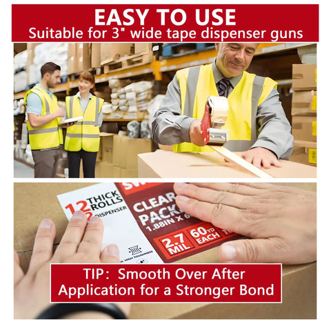 Warehouse worker using 2.7 Mil Thick Ultra Clear Packing Tape, Heavy Duty Moving And Shipping Tape with red dispenser.
