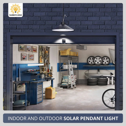 Garage with solar pendant light illuminating workspace, showing 20.5ft cable for easy install, ideal for indoor outdoor use.