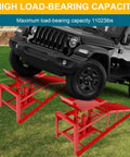 Red Hydraulic Car Ramps 5 Ton Heavy Duty Steel Car Lift Ramps With Hydraulic Jack For Oil Changes And Truck Repair In The Garage Or On The Move Two Pack 11,000 Lbs Capacity lifting SUV in yard