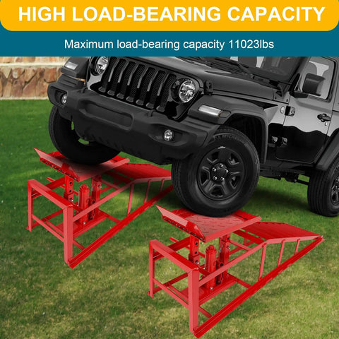 Red Hydraulic Car Ramps 5 Ton Heavy Duty Steel Car Lift Ramps With Hydraulic Jack For Oil Changes And Truck Repair In The Garage Or On The Move Two Pack 11,000 Lbs Capacity lifting SUV in yard