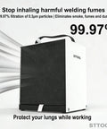 Low Power Solder Fume Extractor With 4 Layer Filtration featuring dual HEPA and carbon filtration in white and black design