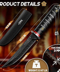 Fixed Blade Knife With Wooden Sheath Japanese Style For Outdoors Survival Razor Sharp Camping Gear Boss Fathers Day Gift For Dad Bushcraft Ready Everyday, showing blade and sheath dimensions.