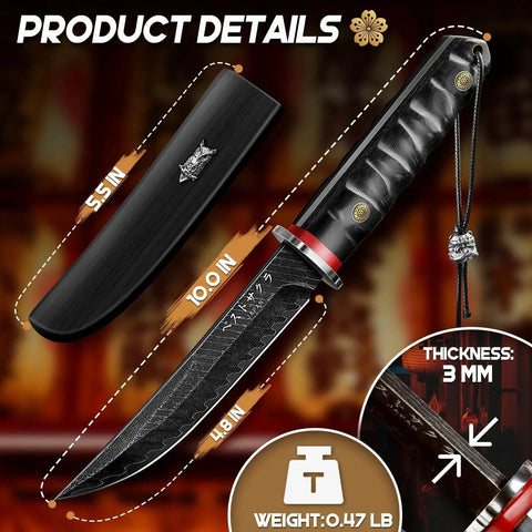Fixed Blade Knife With Wooden Sheath Japanese Style For Outdoors Survival Razor Sharp Camping Gear Boss Fathers Day Gift For Dad Bushcraft Ready Everyday, showing blade and sheath dimensions.