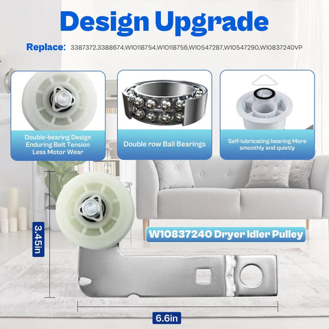 W10837240 dryer idler pulley from Heavy Duty Dryer Repair Kit With WPW10314173 Drum Rollers 661570V Belt W10837240 And 279640 Idler Pulleys